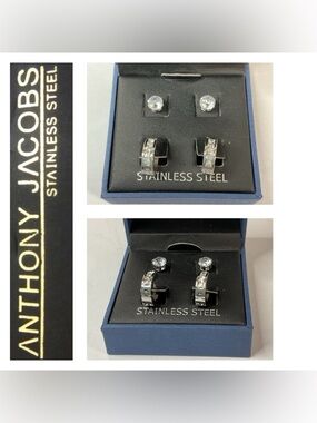 🌟 Anthony Jacob’s Men’s Stainless Steel CZ Duo Earrings Set